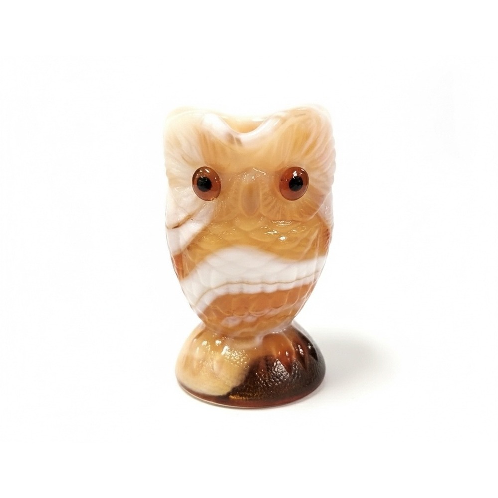 Imperial Glass Caramel Slag Glass Owl Pitcher Cream Amber Swirl Vtg 4 inch Retro